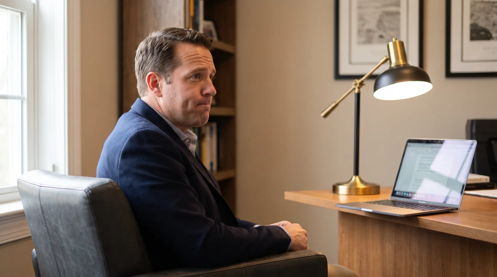 Practice owner in a consult room on a video call with an agency, laptop angled away, face visible in three-quarter profile, warm neutral light