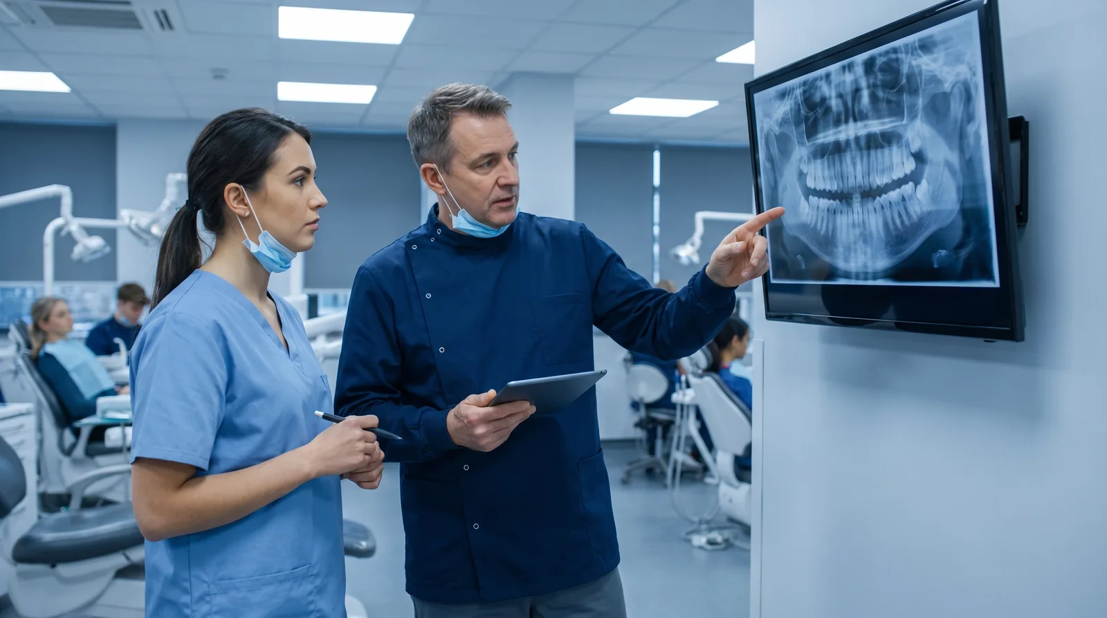 Faculty dentist and dental resident reviewing a patient's implant X-ray together on a clinic monitor