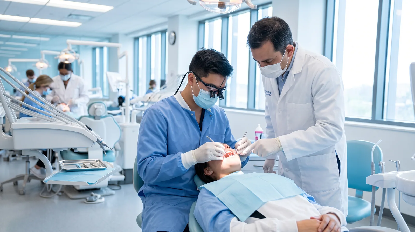 Dental student in a clinic coat placing an implant under the supervision of a faculty dentist in a teaching clinic bay