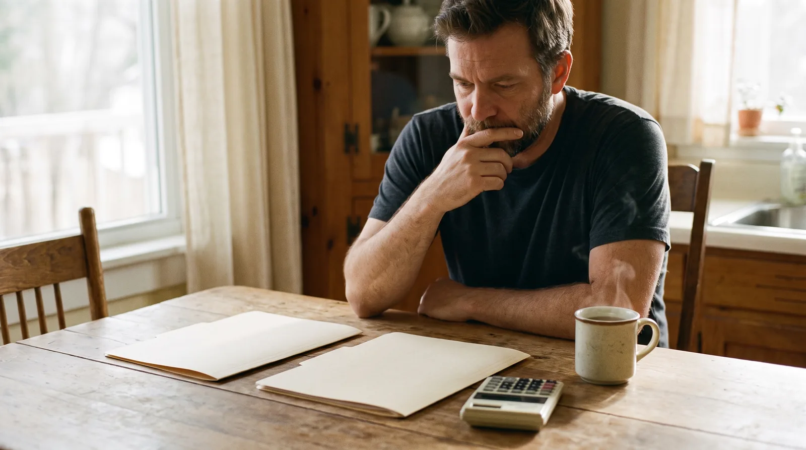 Patient comparing two itemized dental quotes at a kitchen table with a calculator and a cup of tea