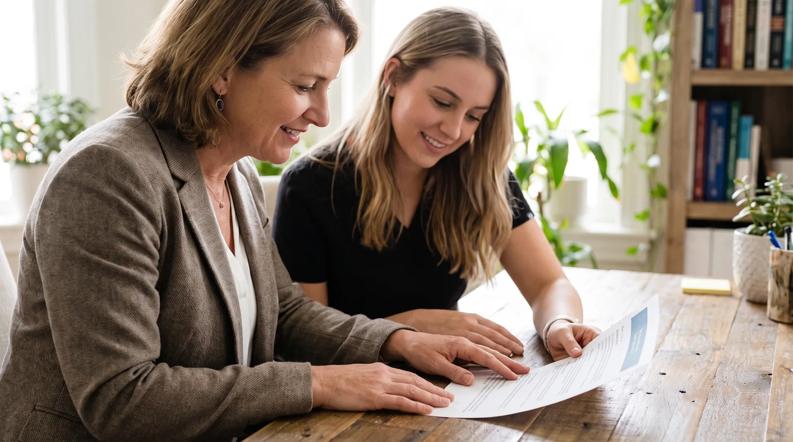 Practice owner and treatment coordinator reviewing a fee sheet together at a desk, page angled away