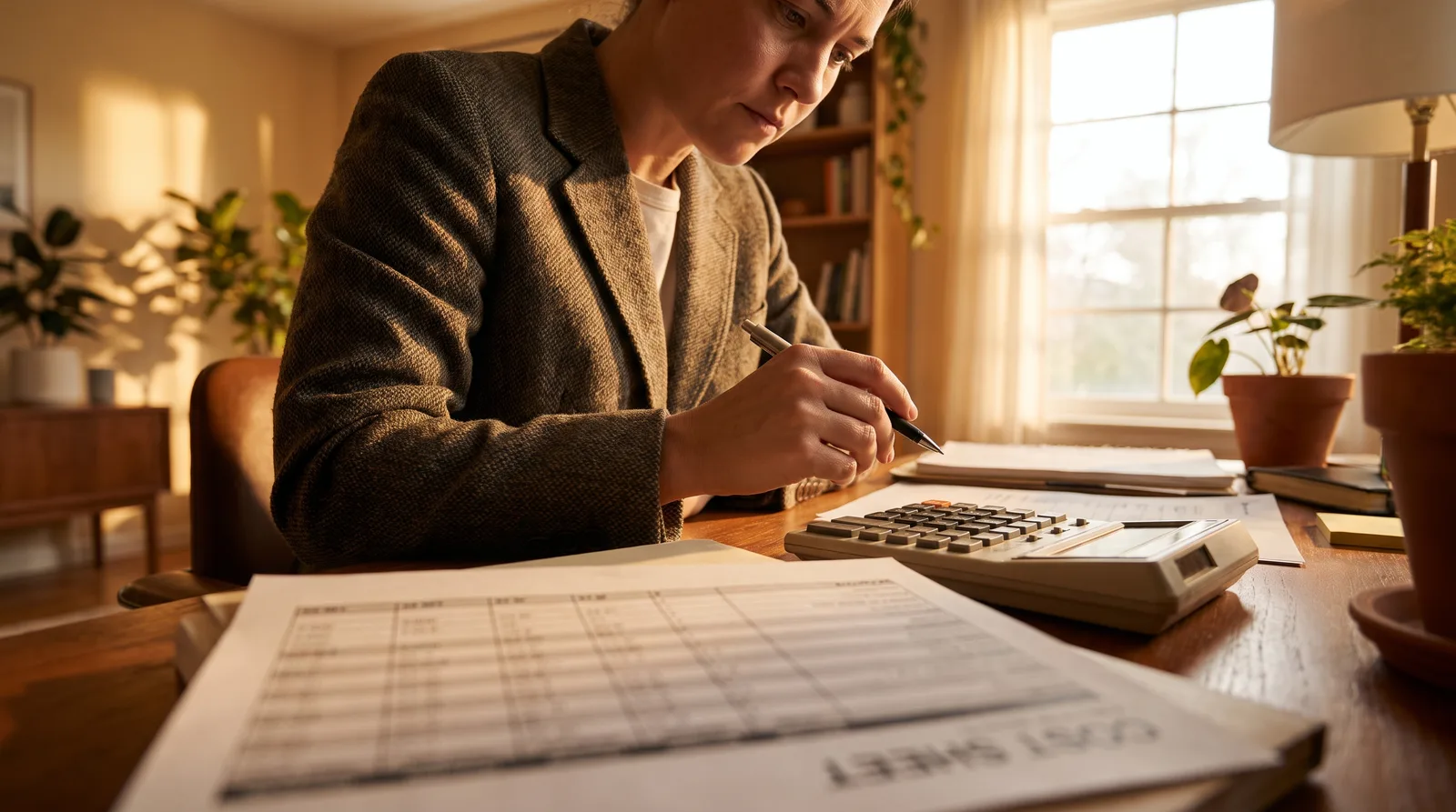 Practice owner at a desk with a calculator and a printed cost sheet, page out of focus, morning light