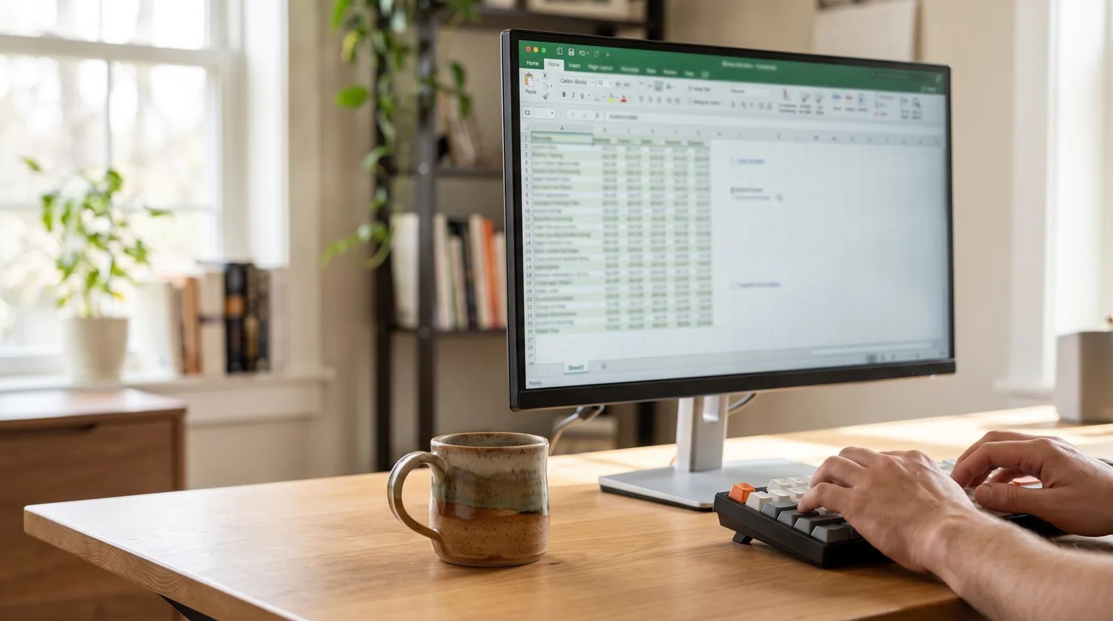 Spreadsheet on a monitor with a full-arch cost breakdown, columns blurred, a mug beside the keyboard
