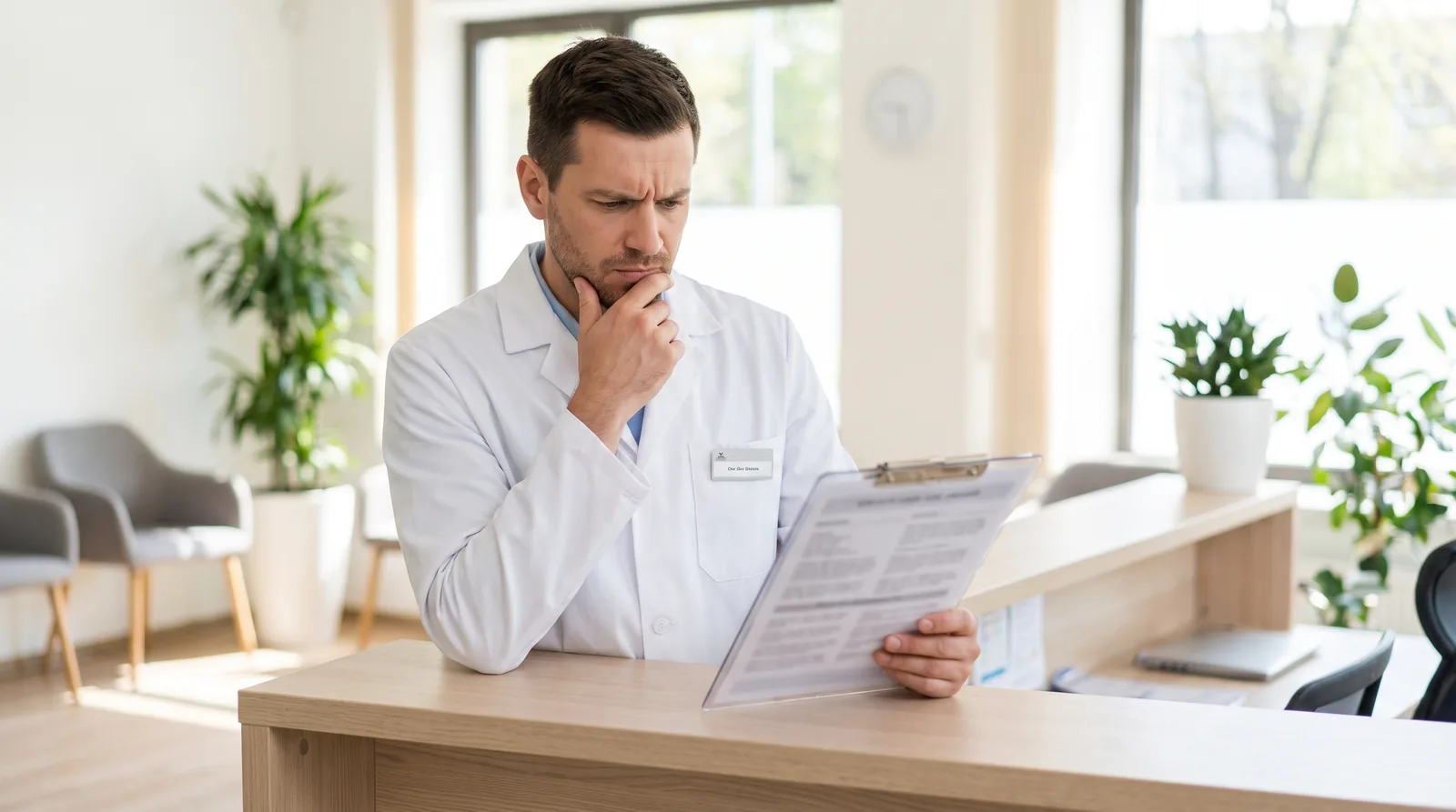 Dentist reading a printed review on a clipboard at the front desk with a thoughtful expression, text out of focus