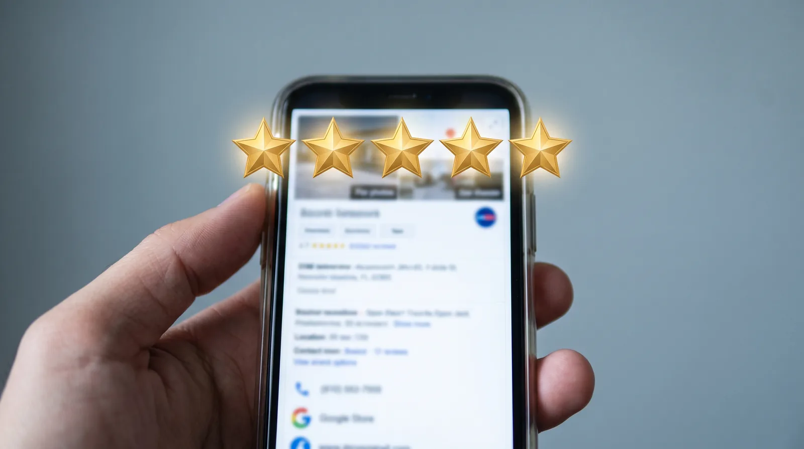 Close-up of a phone screen showing a row of five gold stars over a blurred dental office listing, no readable text