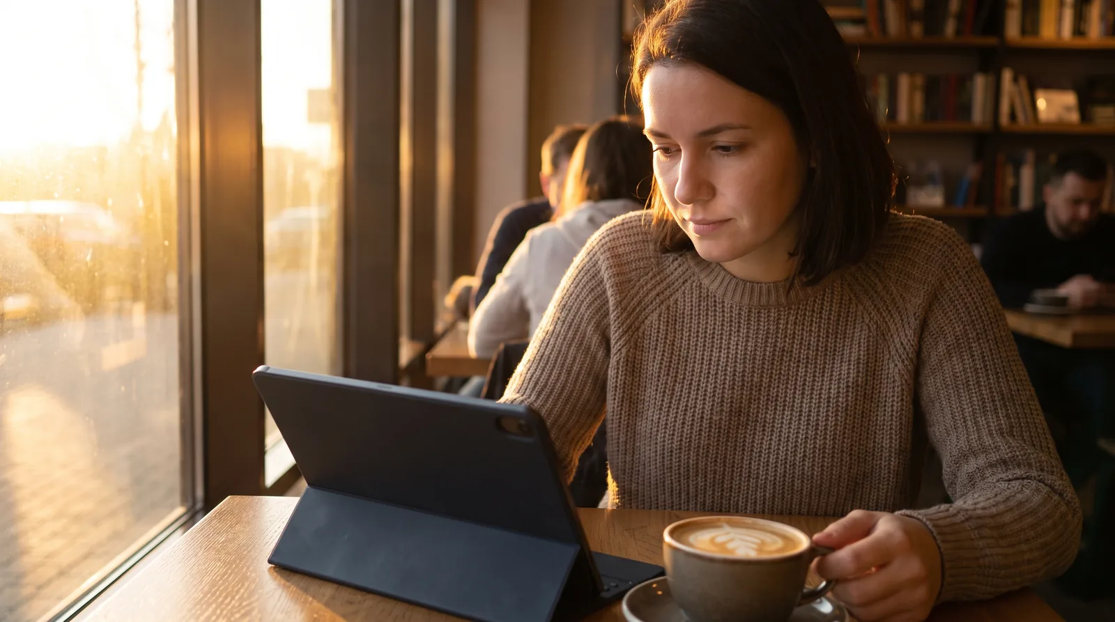 Person reading reviews on a tablet at a cafe table, screen angled away and showing only a soft glow, coffee beside them