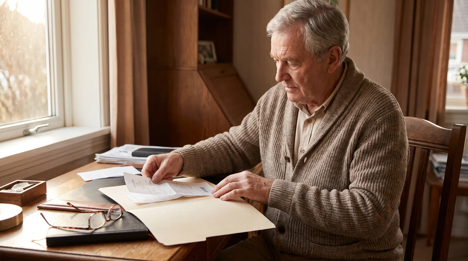 Older man at a home desk filing a dental receipt into a folder labeled with a plain tab, reading glasses beside him