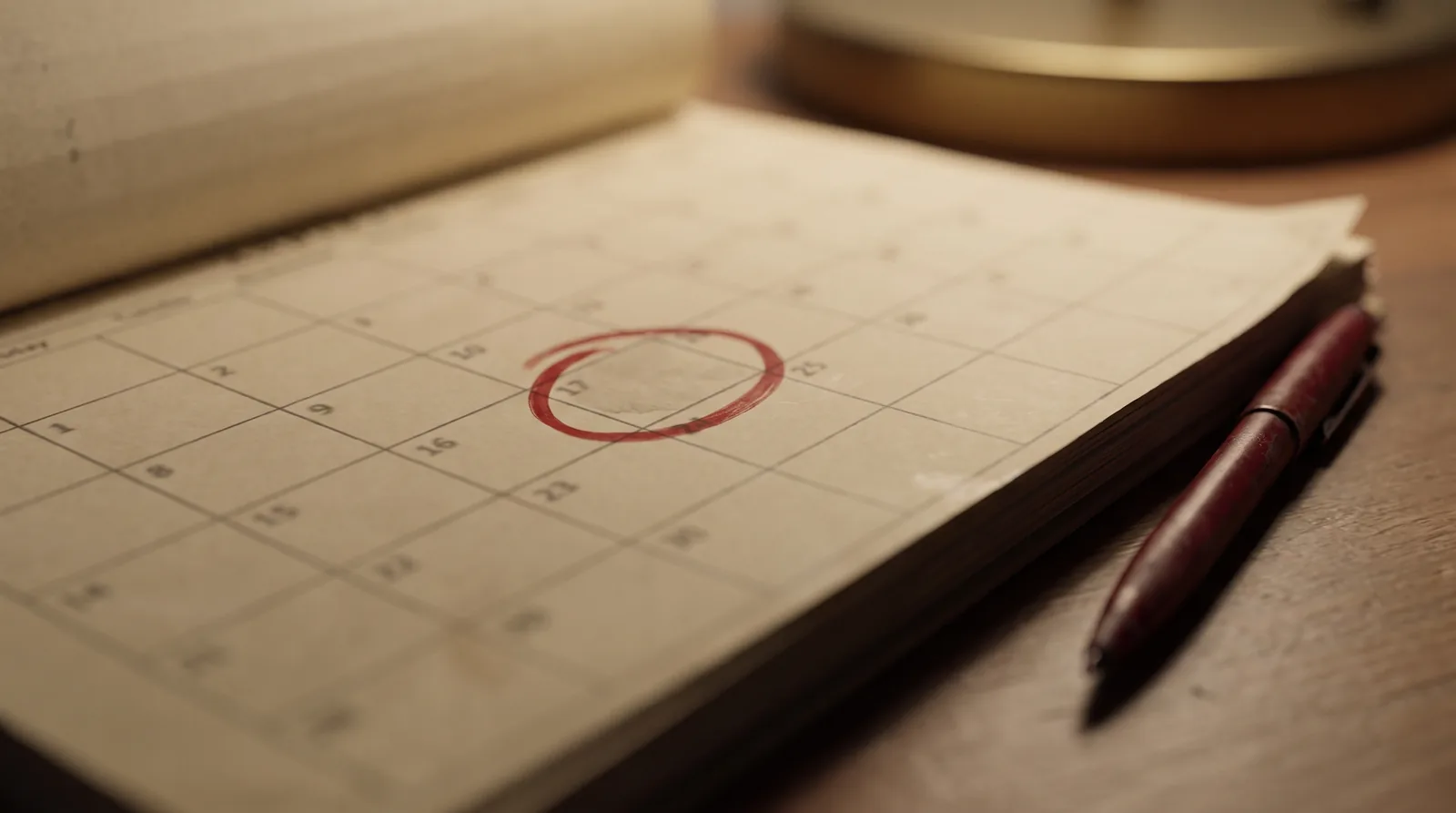 Calendar on a desk with a dental appointment circled, a pen, and a benefits enrollment form partially visible and out of focus