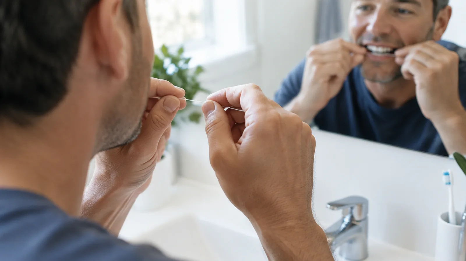 Patient flossing between individual implant crowns at a bathroom mirror, close view, morning light