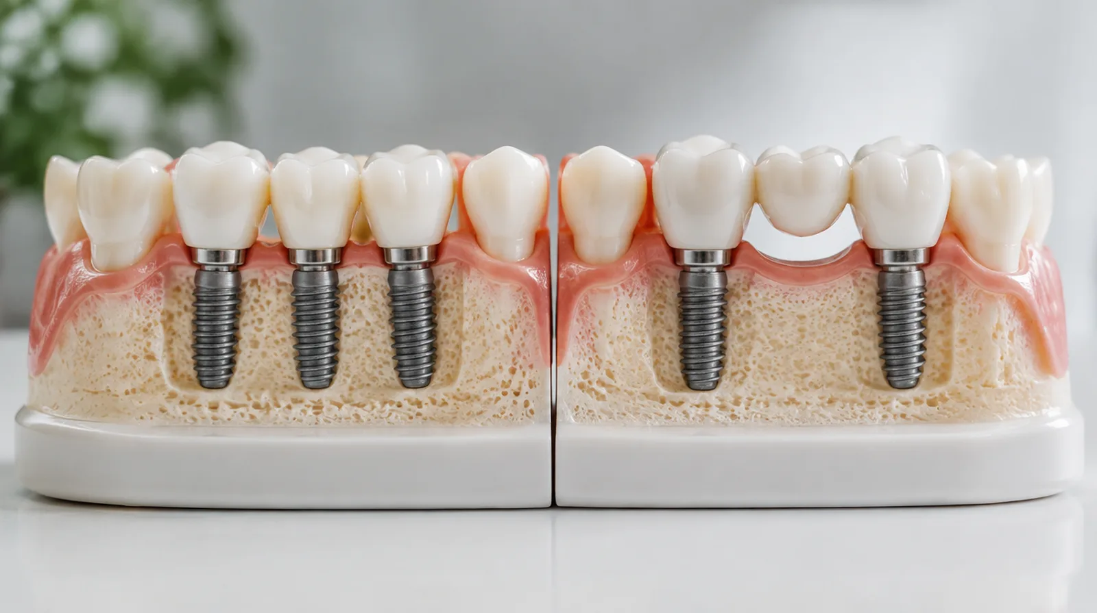 Dental model showing three adjacent teeth restored two ways, three separate implants on one side and a two-implant bridge on the other