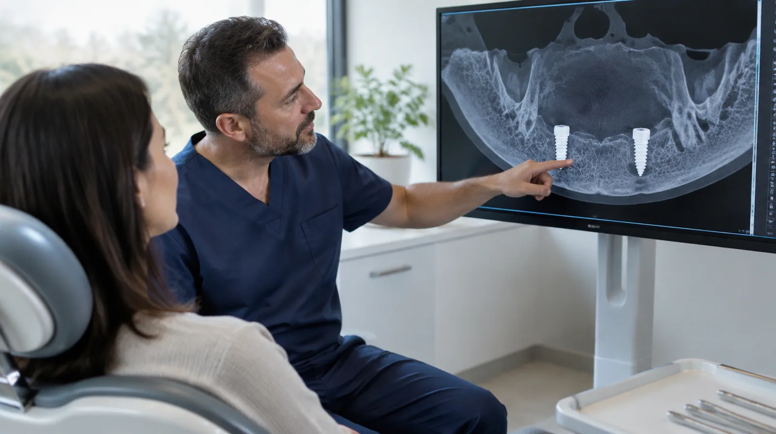 Dentist pointing to a CT scan on a monitor showing two implant positions with a gap between them, patient watching