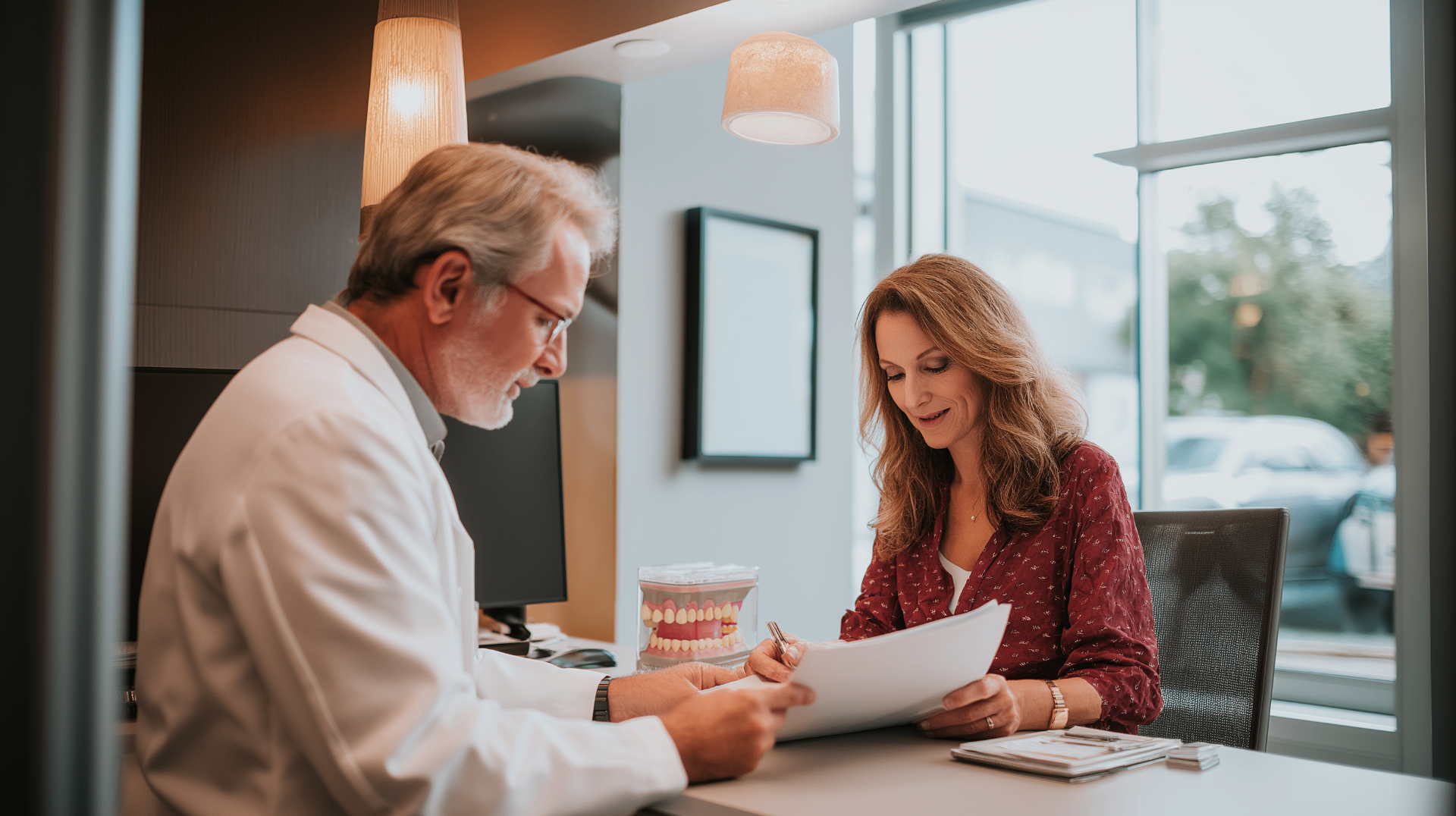 Patient reviewing a dental treatment plan document with her dentist during an implant consultation