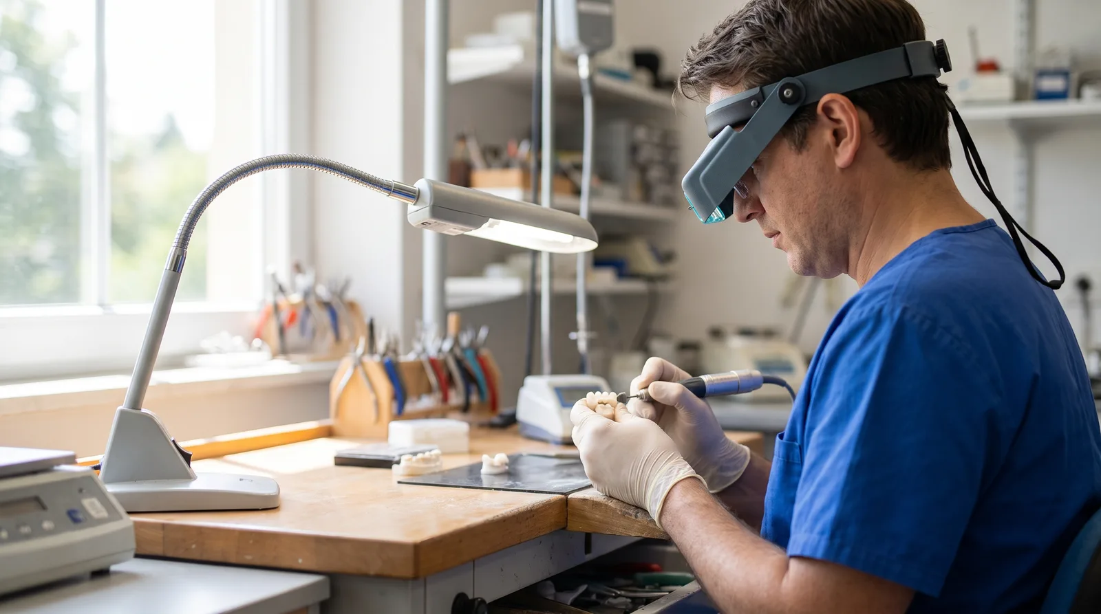 Technician finishing a zirconia bridge at a bench under a lamp, tools in hand, face turned away