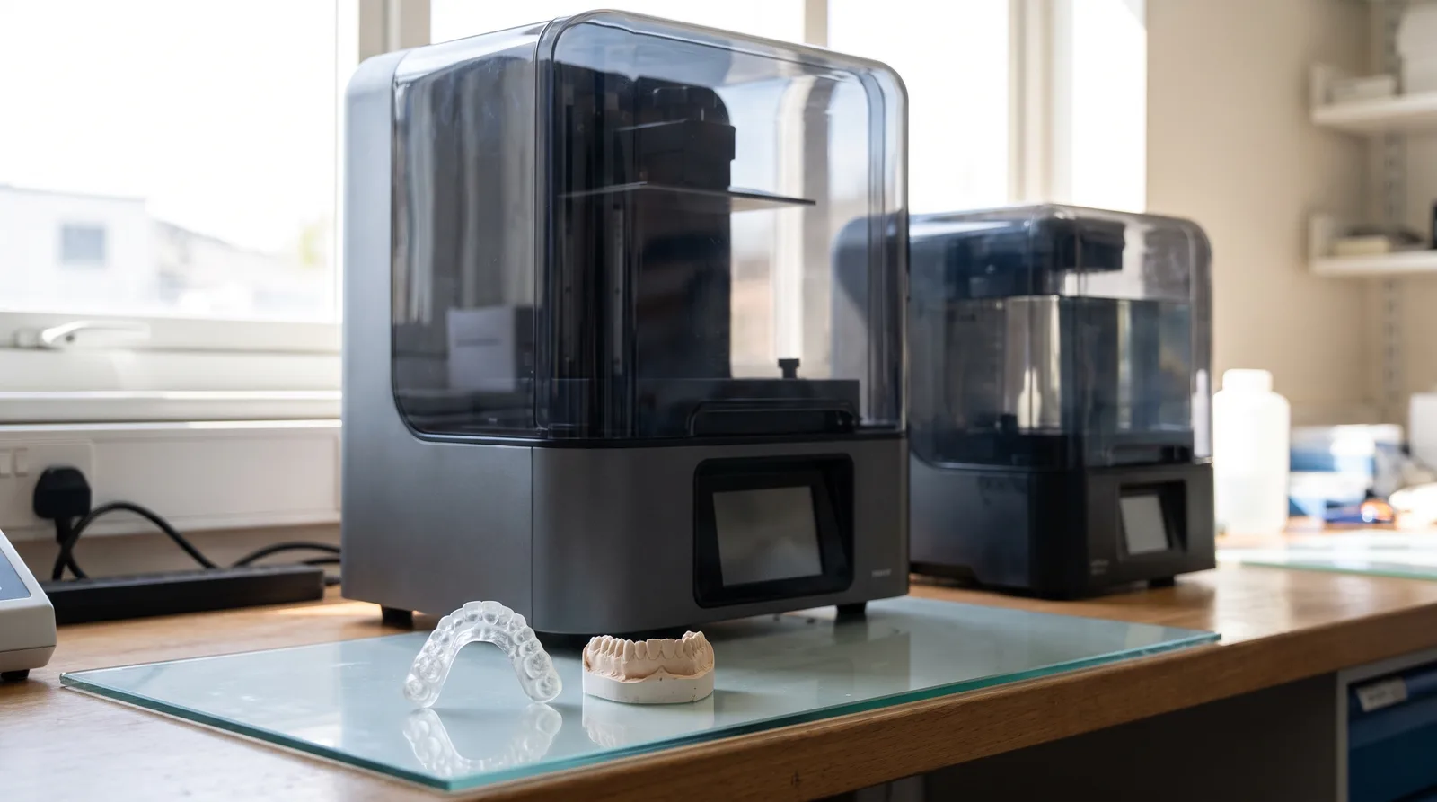 Resin printer and wash station on a lab bench with a printed surgical guide and model, clean and quiet