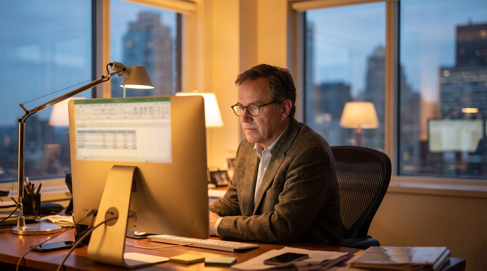 Practice owner reviewing a short list of active payment plans on a monitor, spreadsheet columns blurred