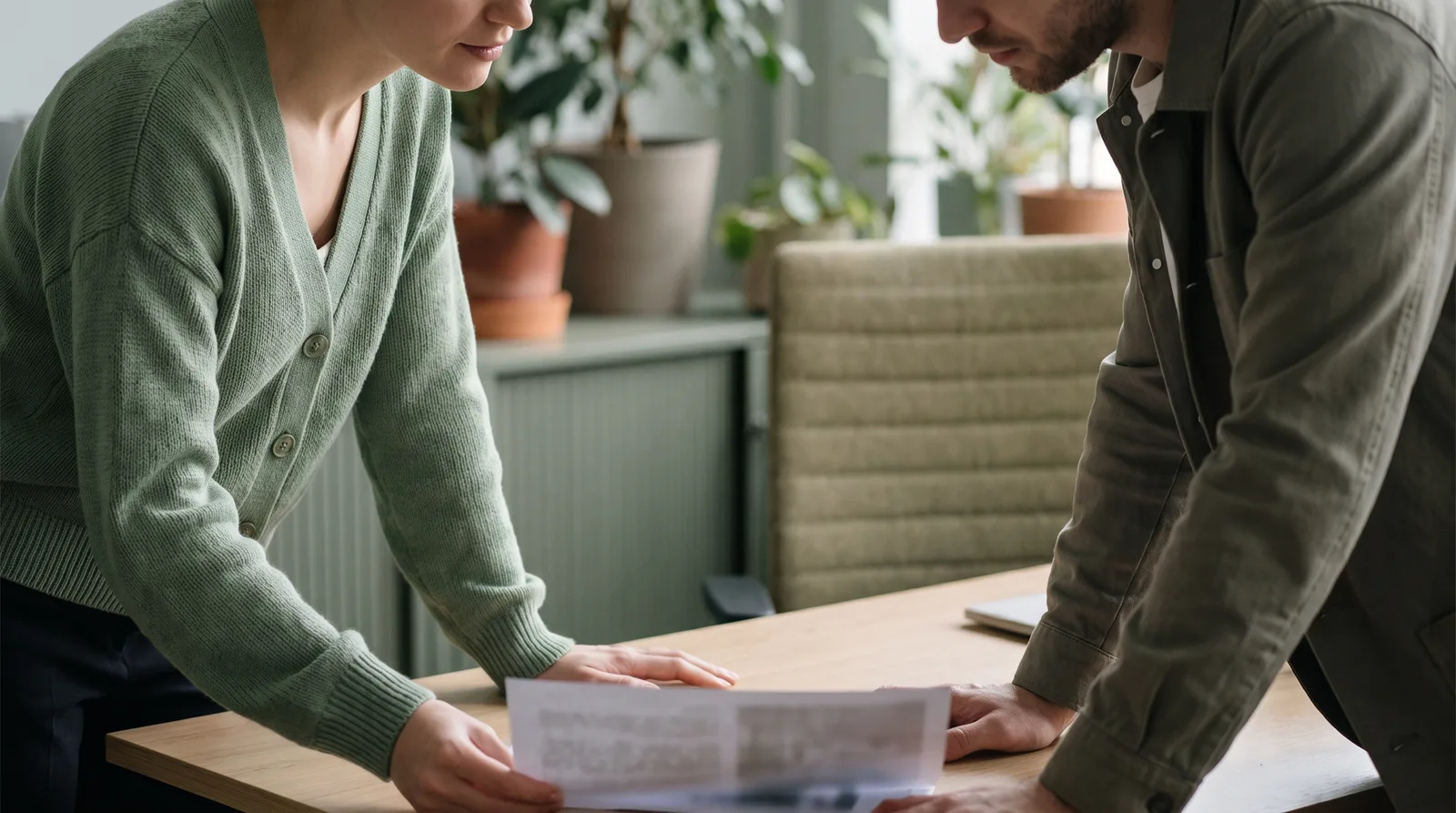 Treatment coordinator and patient reviewing a printed payment schedule at a desk, page out of focus, calm light