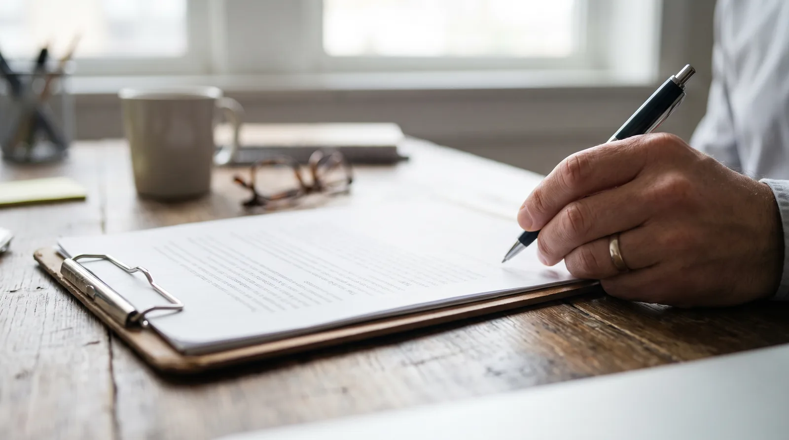 Close-up of a hand signing a payment agreement on a clipboard, document text out of focus, pen in hand