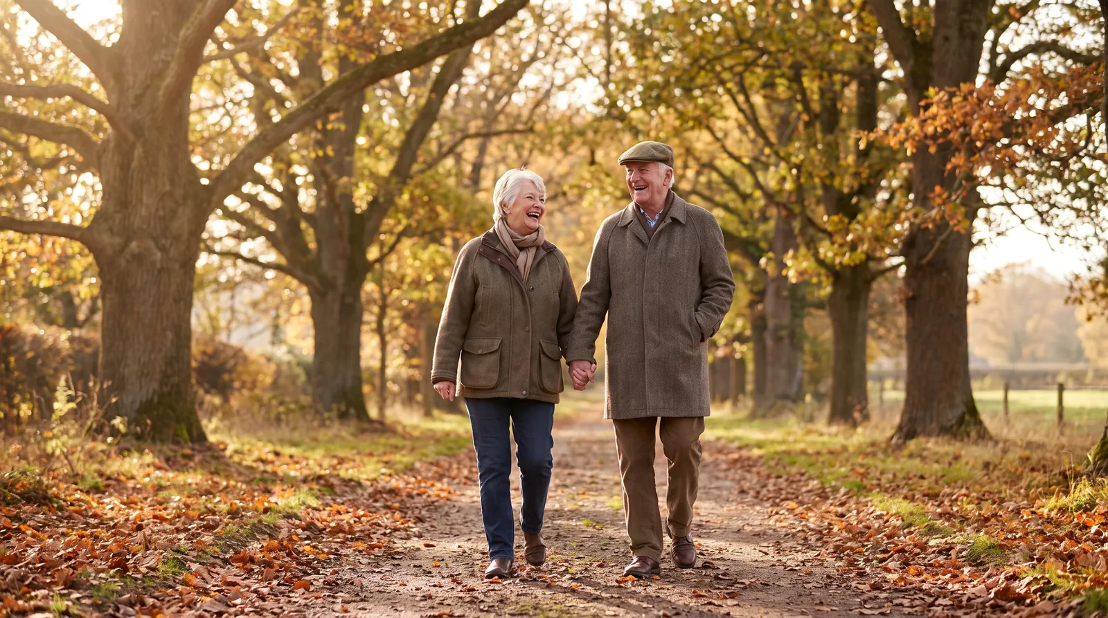 Older couple walking together on a tree-lined path, both smiling, soft autumn light