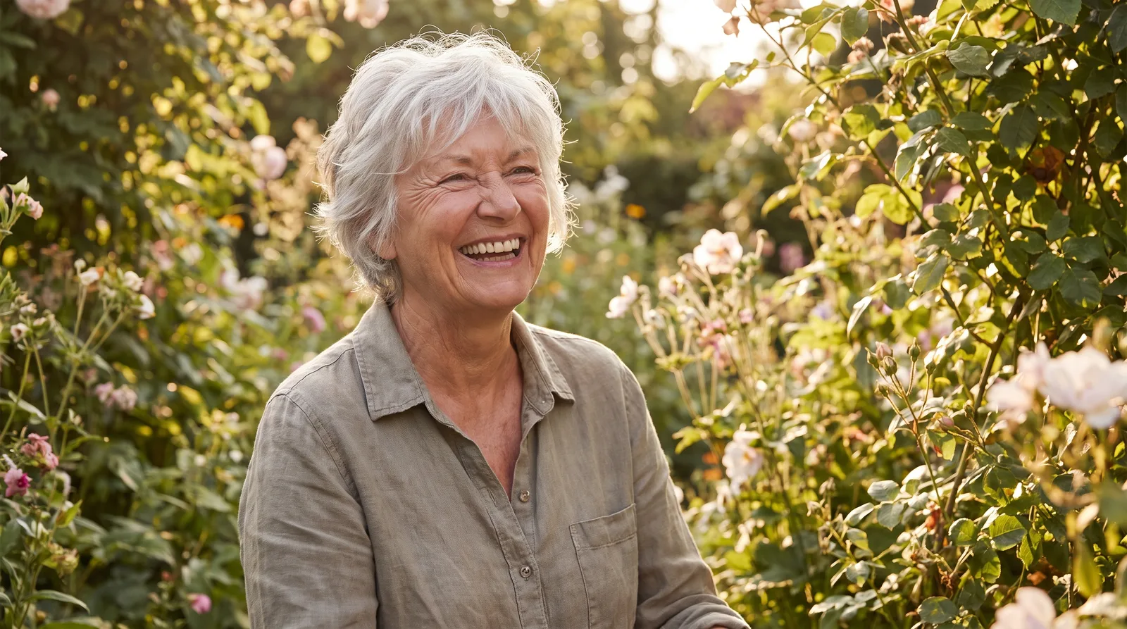 Woman in her eighties smiling broadly in a garden, natural light, healthy teeth, relaxed expression