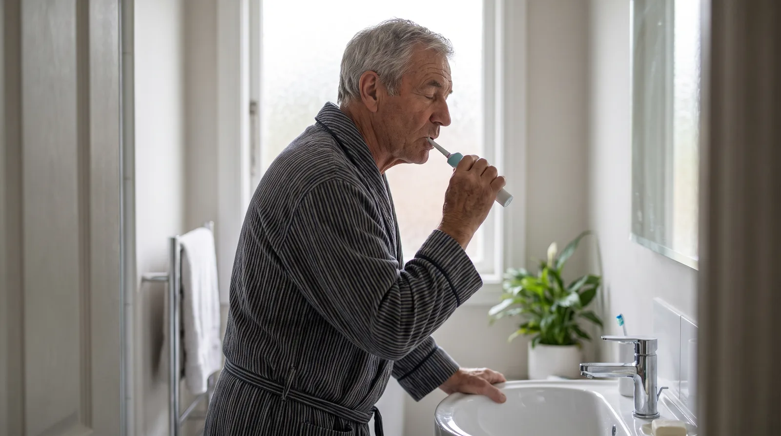 Older man in his seventies at a bathroom sink using an electric toothbrush, calm morning light