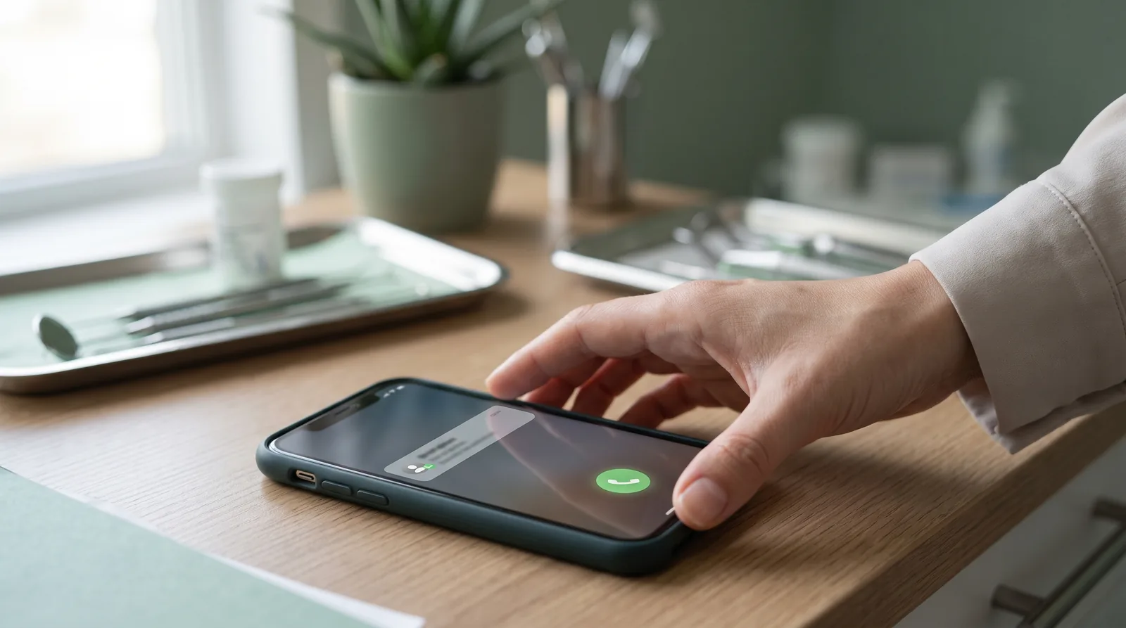 A treatment coordinator's phone showing a push notification: "New full-arch lead: Linda, 8 missing upper teeth, wants financing info" with a one-tap call button