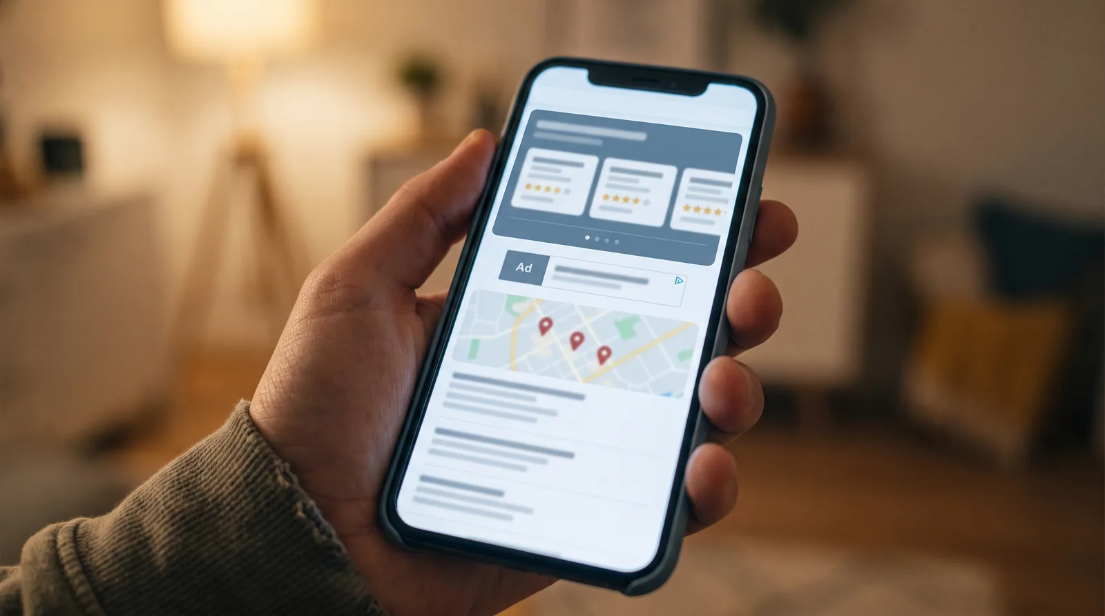 A Google search results page for "dental implants near me" on a phone, with the Local Services Ads box, text ads, Local Pack map, and organic listings each visible in order