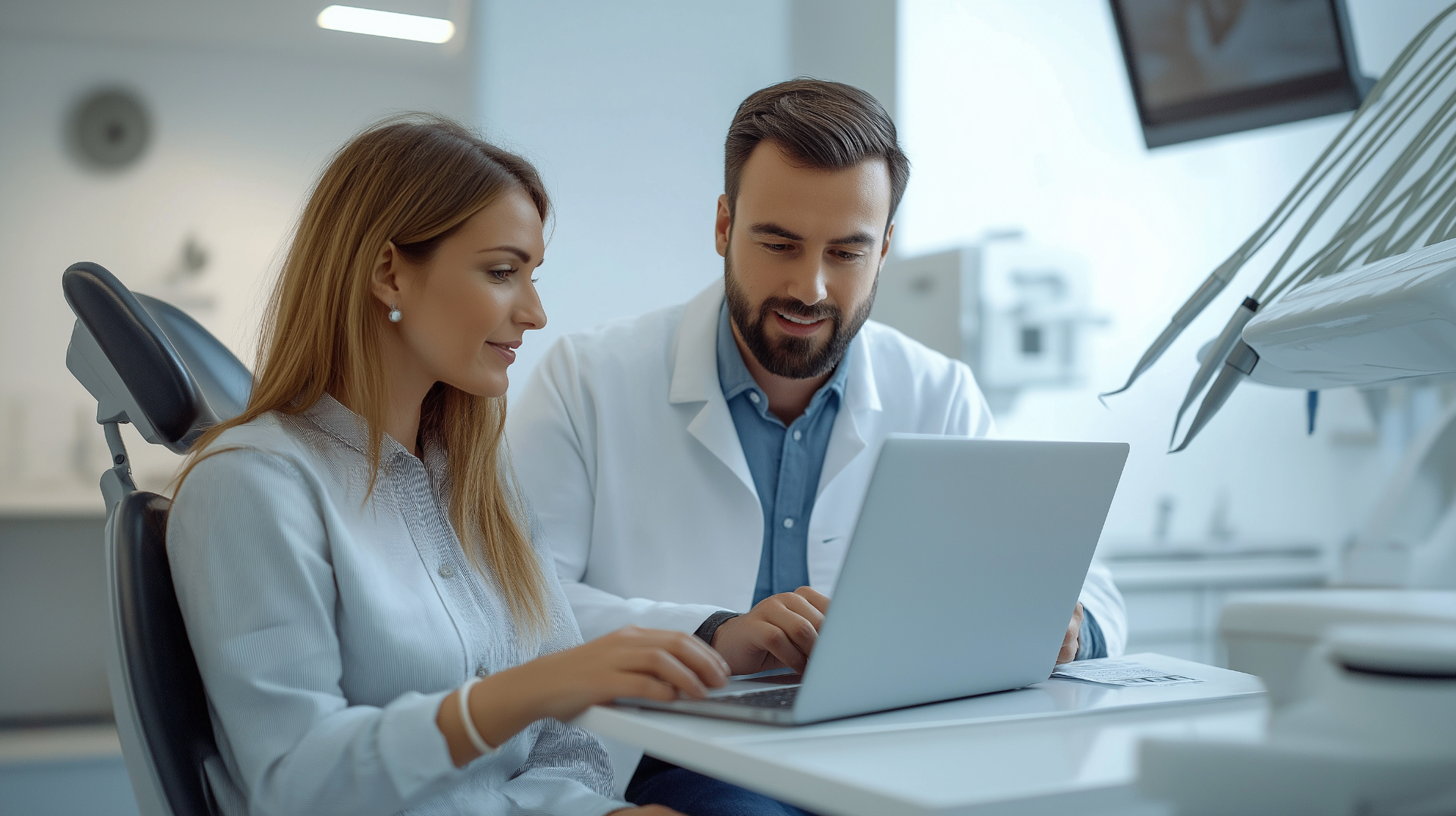 Dentist reviewing a digital dental implant treatment plan on a tablet during a patient consultation