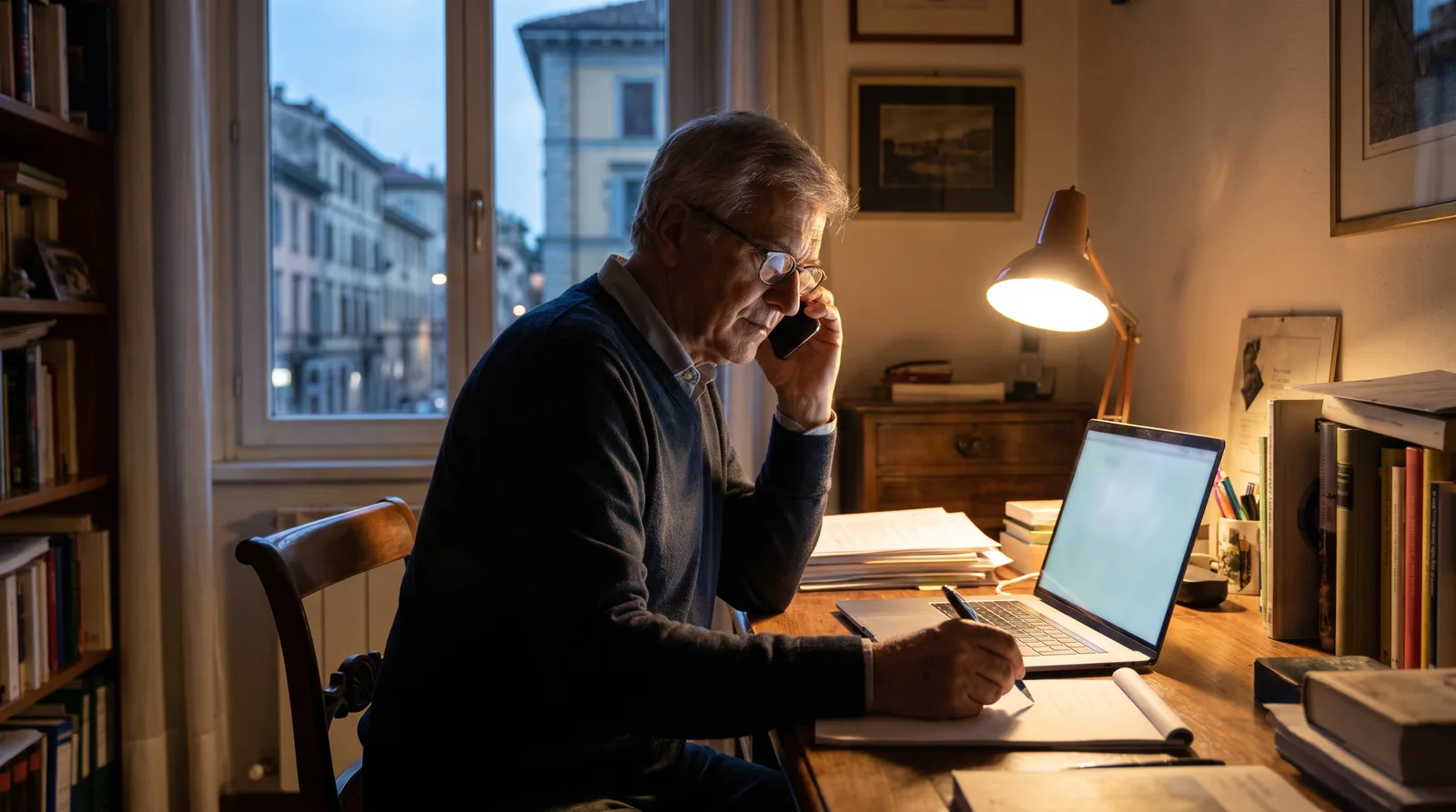 Older man on the phone at a home desk taking notes on a pad, a laptop open beside him, screen glowing