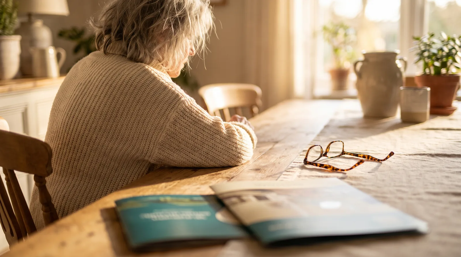Older woman at a dining table with two plan brochures side by side and a pair of reading glasses, papers out of focus