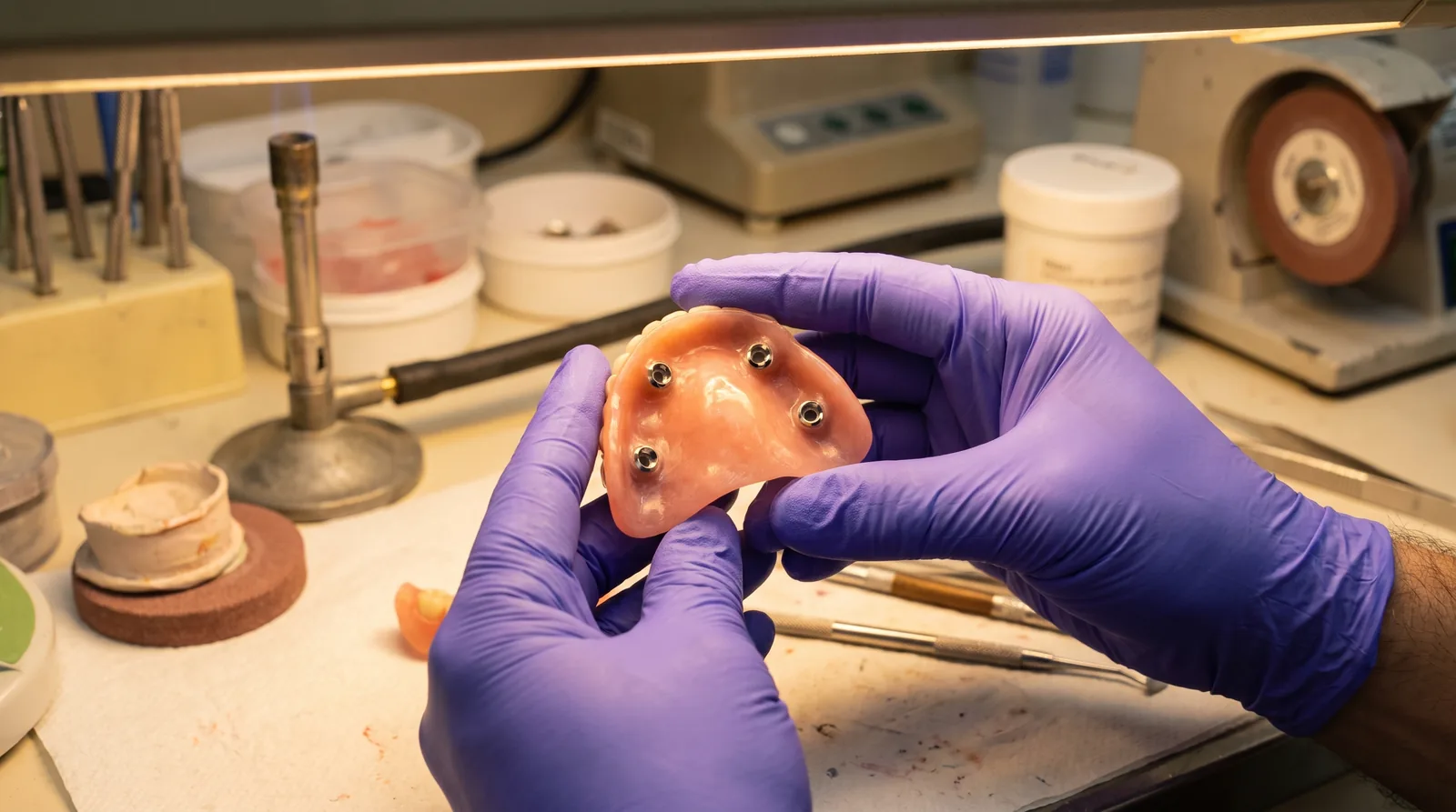 Lower denture with four small attachment housings on its underside, held in gloved hands over a lab bench
