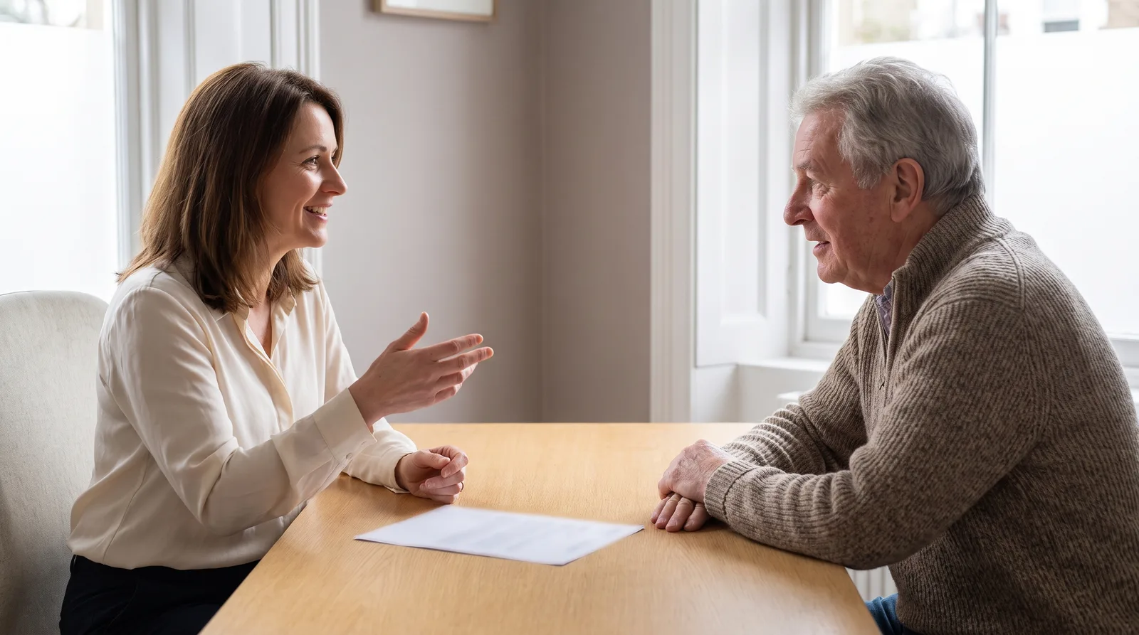 Dentist and older male patient talking across a desk with a printed food list between them, both faces visible in three-quarter profile