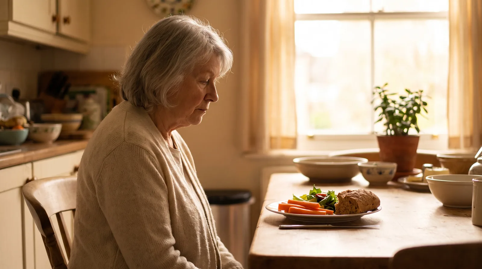 Older woman looking at a plate of raw vegetables and crusty bread she has not touched, soft kitchen light, thoughtful expression, face clearly visible