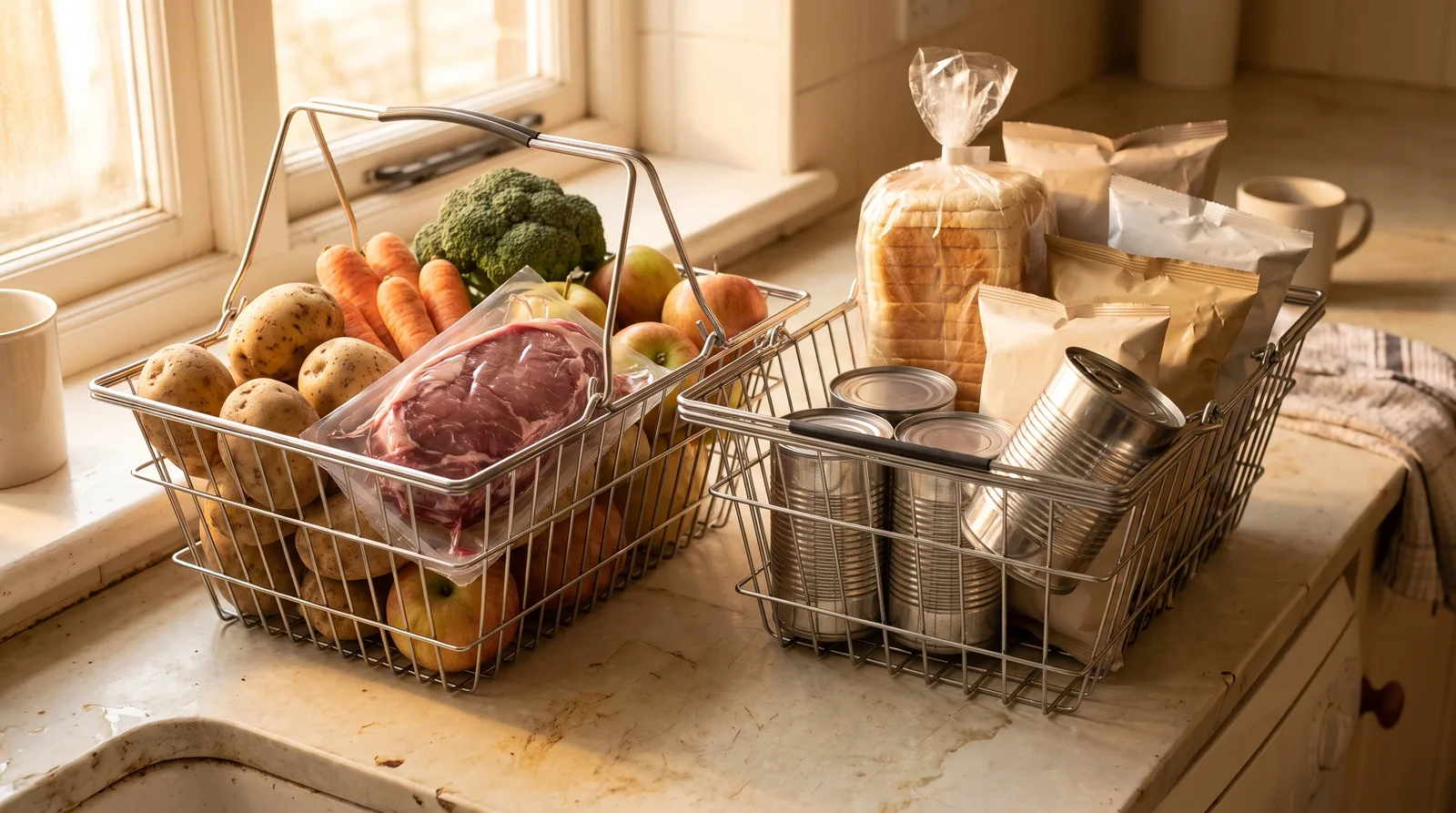 Two shopping baskets side by side on a counter, one holding whole produce and lean meat, the other holding canned goods, white bread and soft packaged food