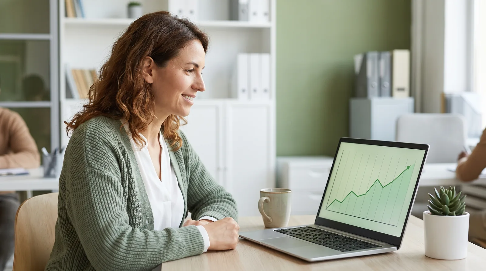A practice manager reviewing a simple chart of referring domains over twelve months on a laptop, the line rising steadily