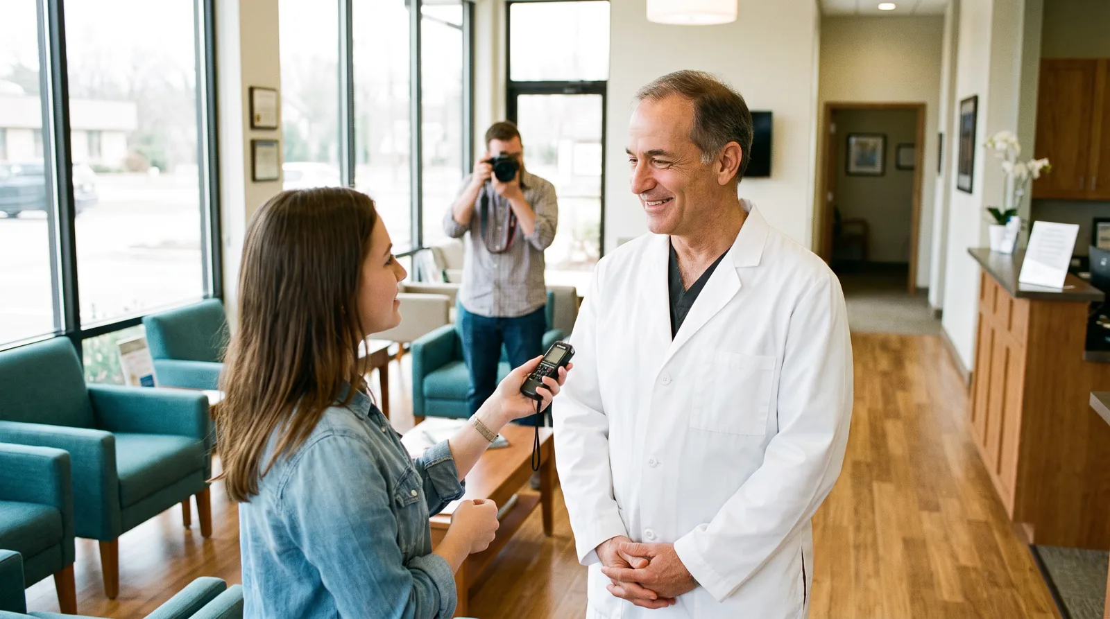 A dental practice owner being interviewed by a local reporter in the practice lobby, a photographer in the background