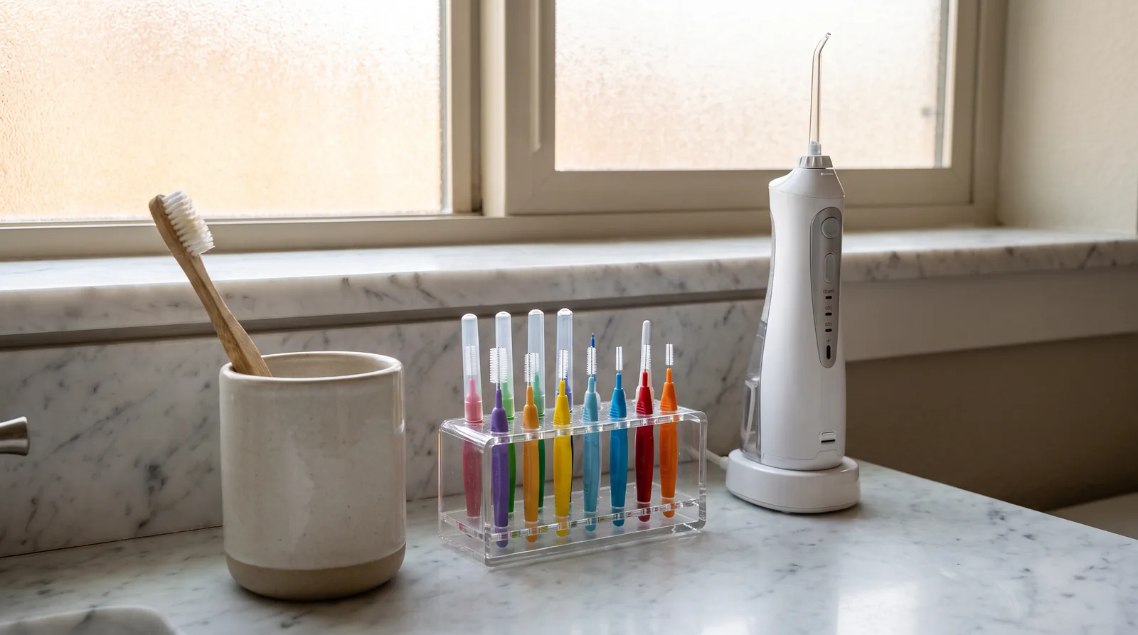 Bathroom counter with a soft toothbrush, interdental brushes, and a water flosser arranged neatly, morning light