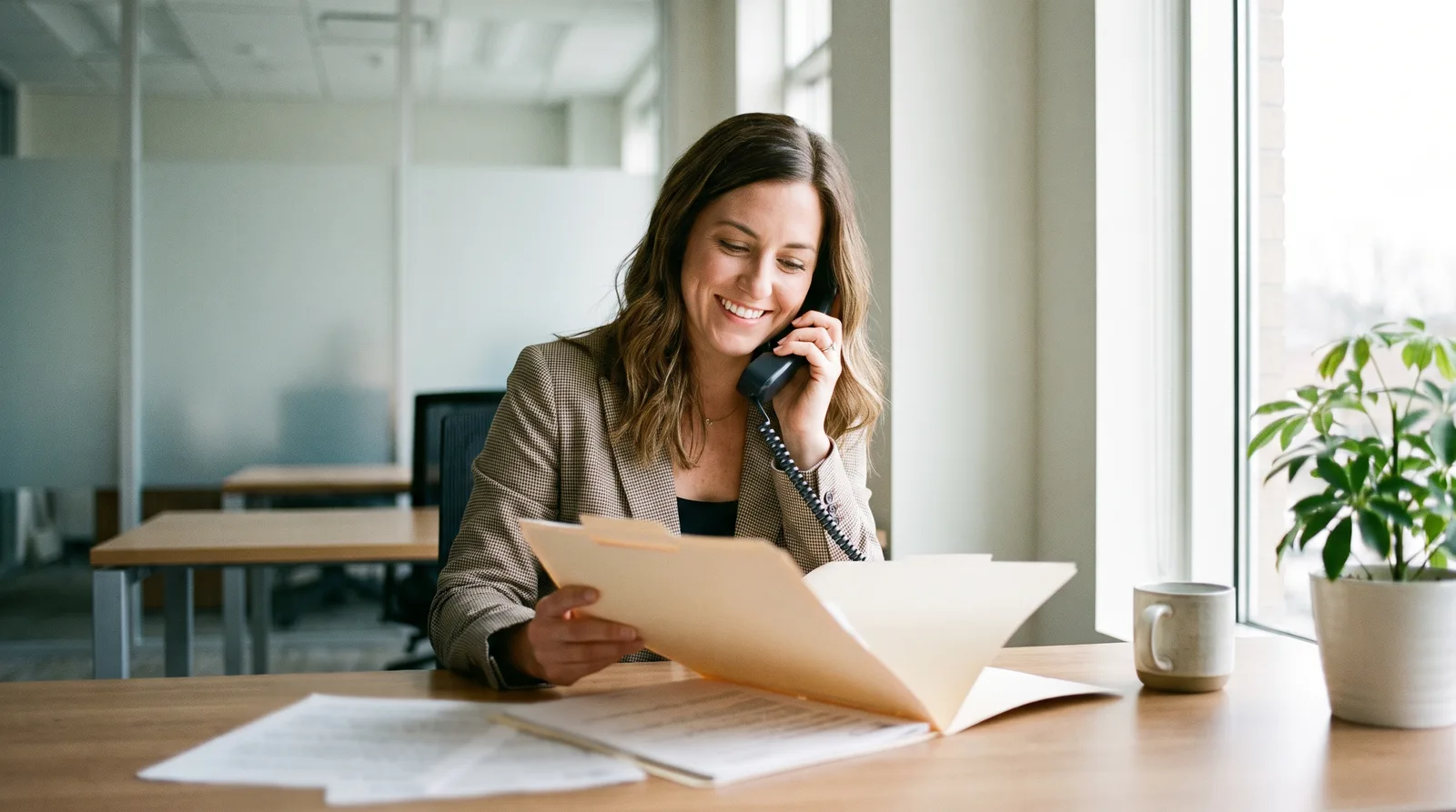 Treatment coordinator on the phone at a desk, smiling, a patient file open in front of her, pages out of focus