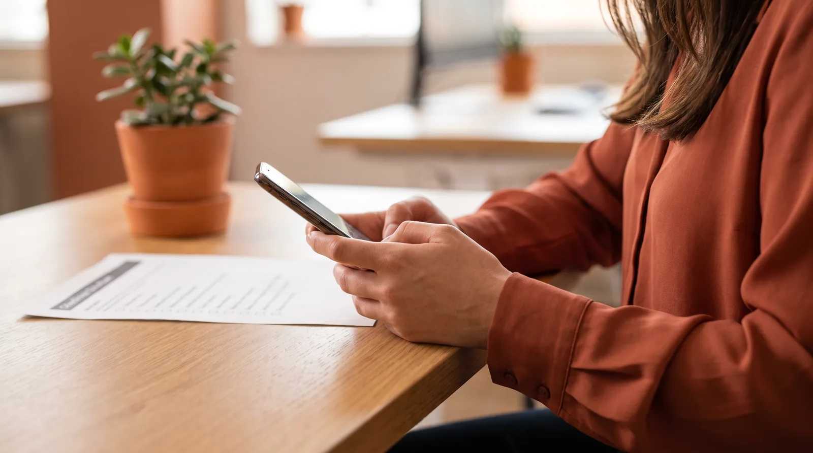 Treatment coordinator at a desk typing a message on a phone, a printed checklist beside her, text out of focus