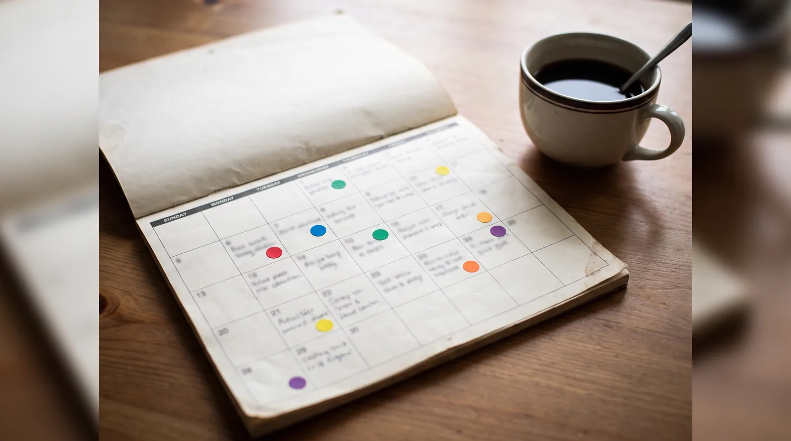 Simple two-week calendar on a desk with six dates marked by small dots, no readable text, coffee beside it