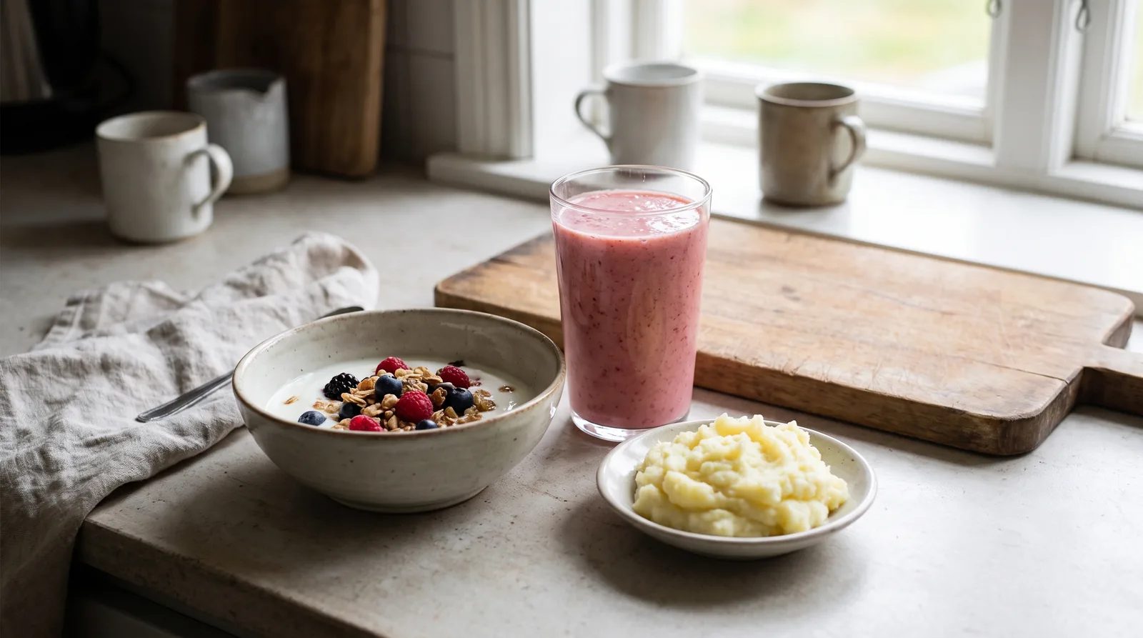 Bowl of soft foods including yogurt, smoothie, and mashed potatoes on a kitchen counter, morning light