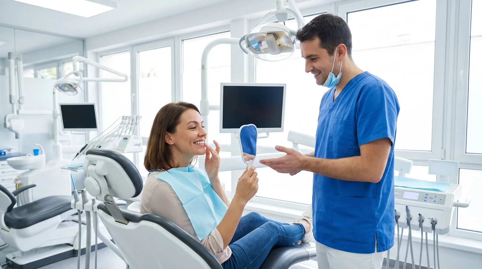 Patient looking at her new same-day temporary teeth in a hand mirror in a dental chair, dentist beside her