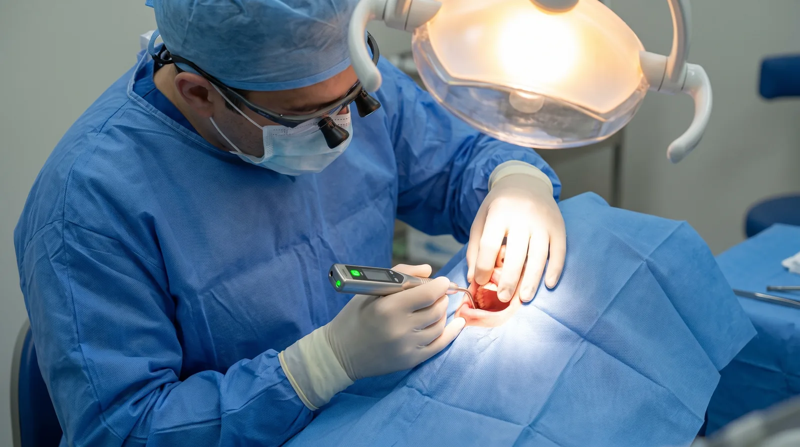 Surgeon checking implant stability with a small handheld measuring device during surgery, clinical light