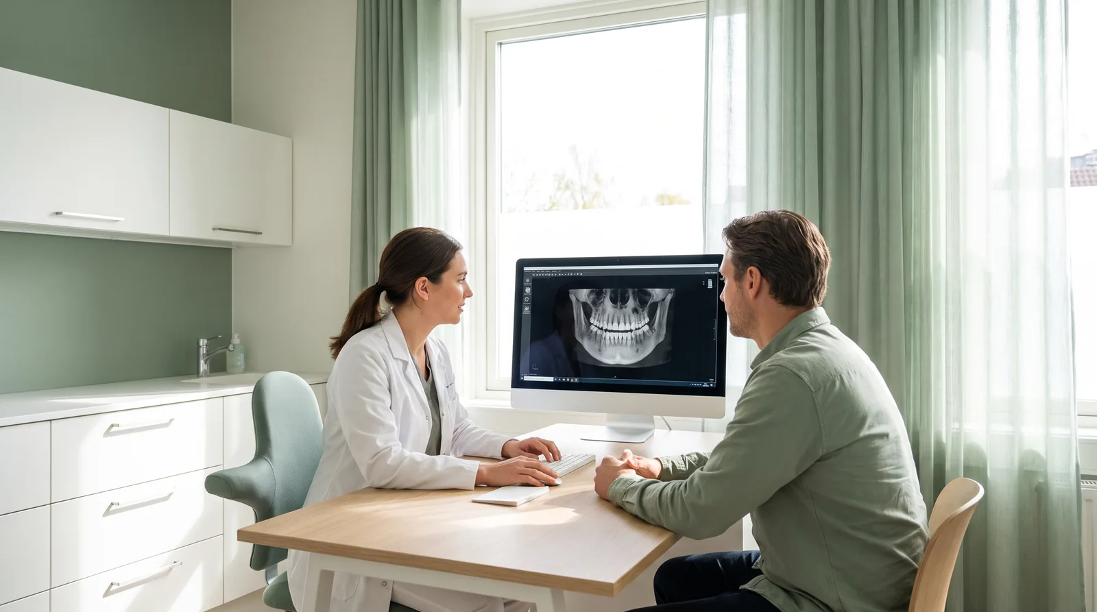 Patient sitting across from a second dentist in a bright consultation room, a CT scan visible on a monitor between them