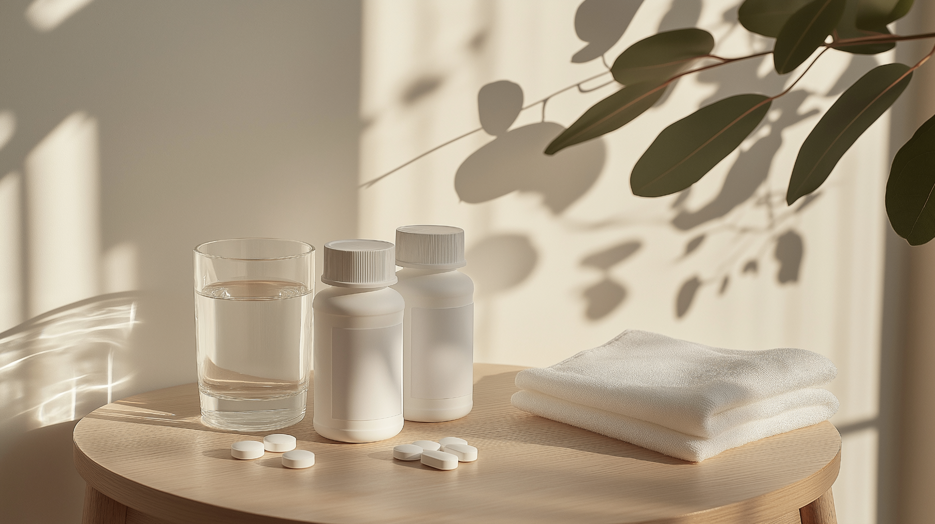 White over-the-counter ibuprofen and acetaminophen bottles with tablets and a glass of water for non-narcotic pain relief