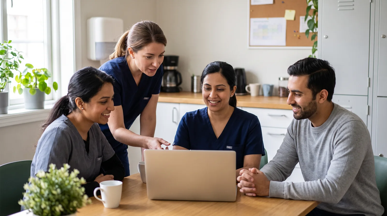 Dental practice team meeting around a laptop in a break room, reviewing something on screen, screen turned away
