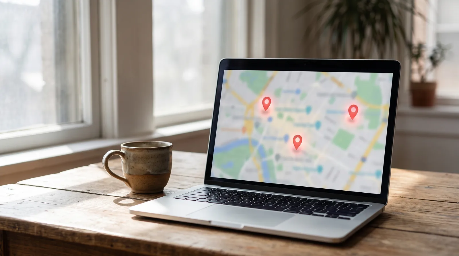 Laptop on a desk showing a blurred map with three pins over a city, a coffee cup beside it, morning light