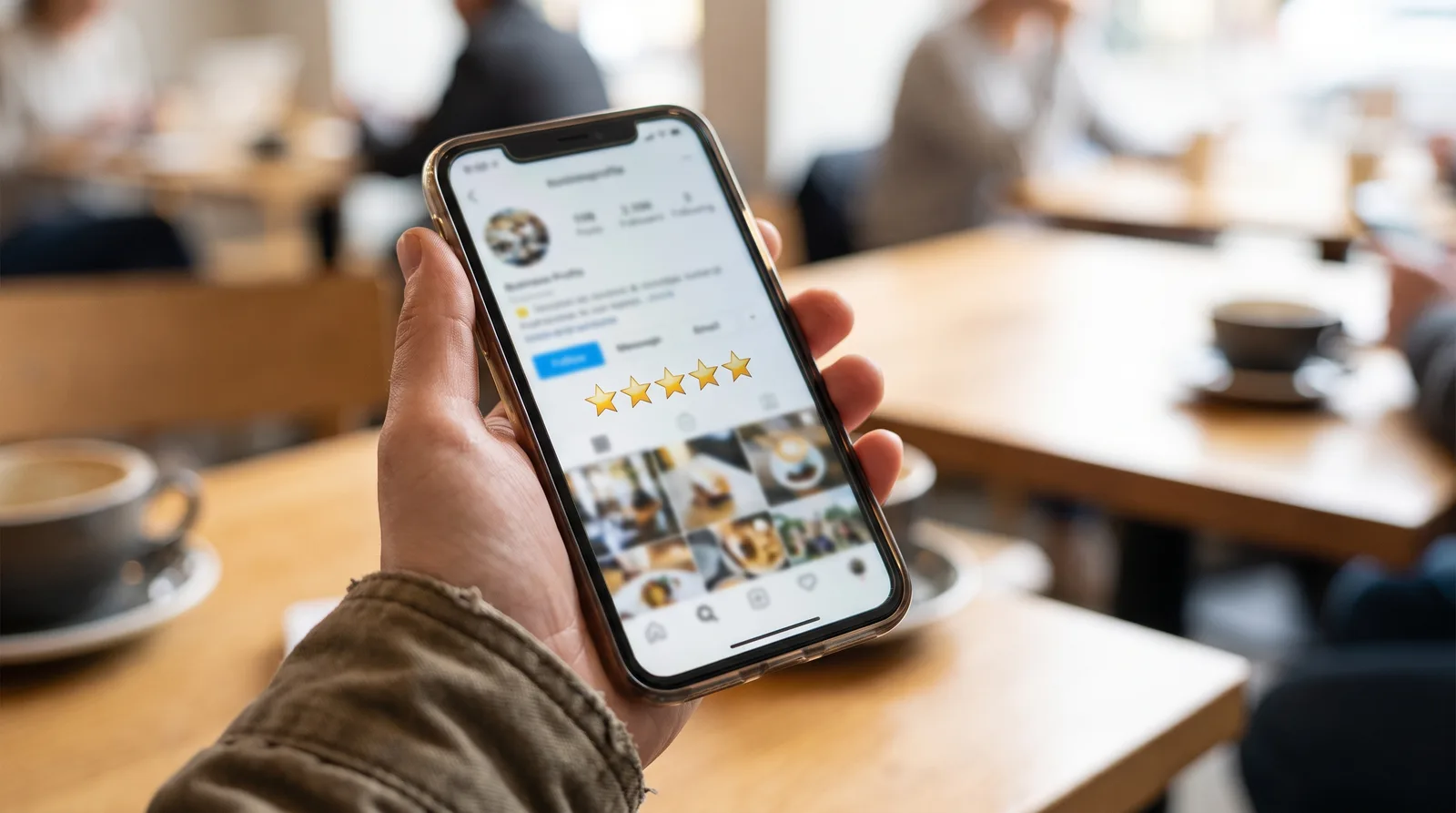 Close-up of a phone showing a blurred business profile with a five-star rating and a photo grid, no readable text