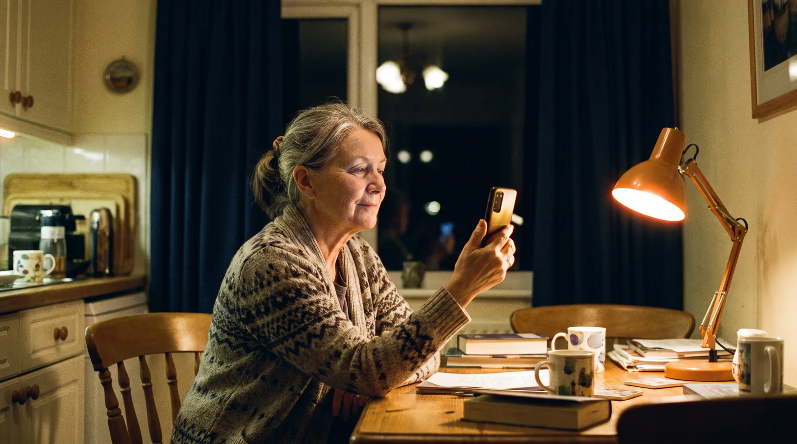 Woman in her sixties at a kitchen table at night, phone in hand, looking at a smile preview on the screen, face visible in three-quarter profile, warm lamp light