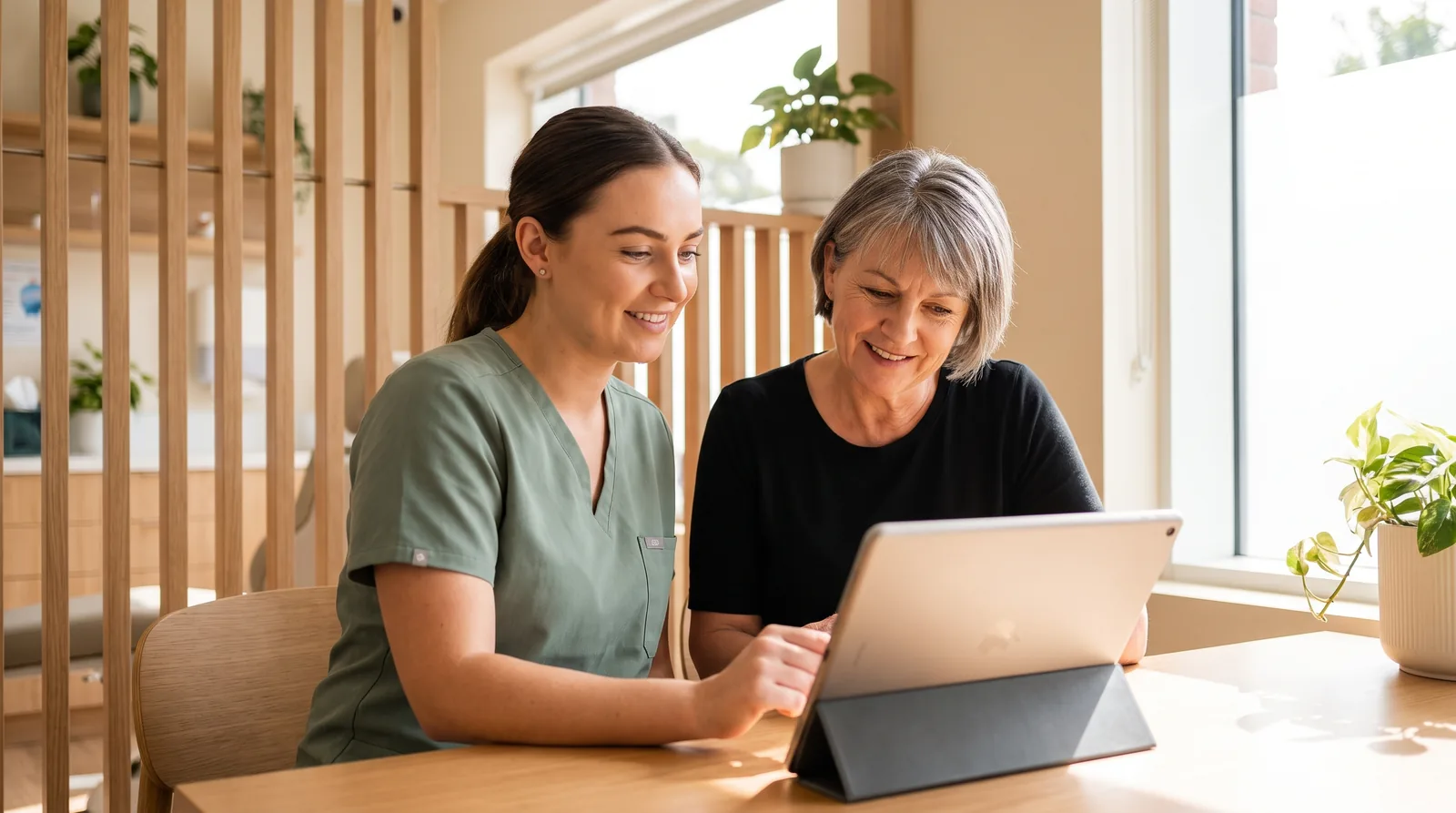 Treatment coordinator and patient at a consultation desk looking at a tablet together, screen angled away, both faces visible, warm neutral office