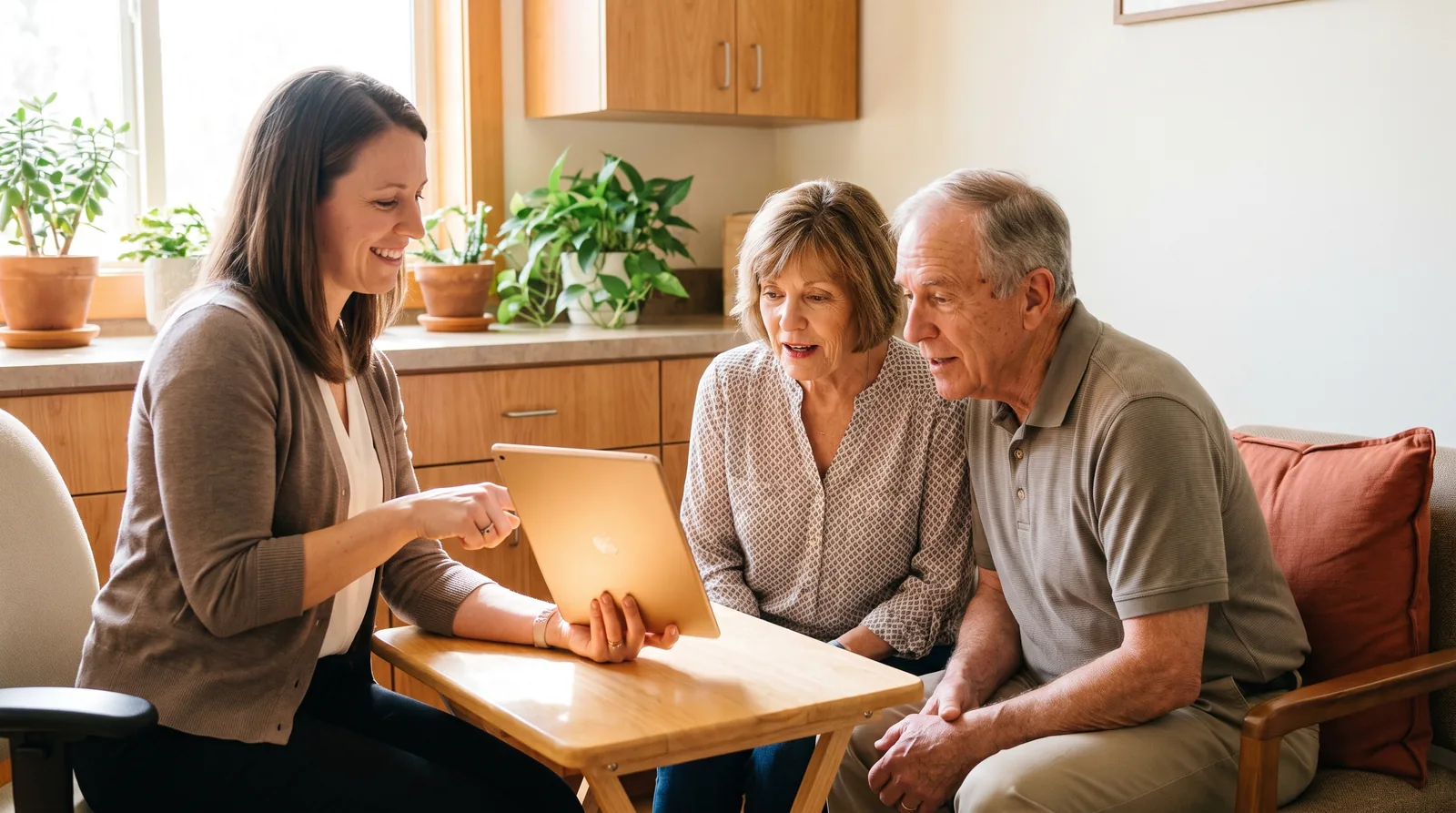 Treatment coordinator pointing at a tablet during a consultation with an older couple, both patients' faces visible, screen angled away, bright consult room